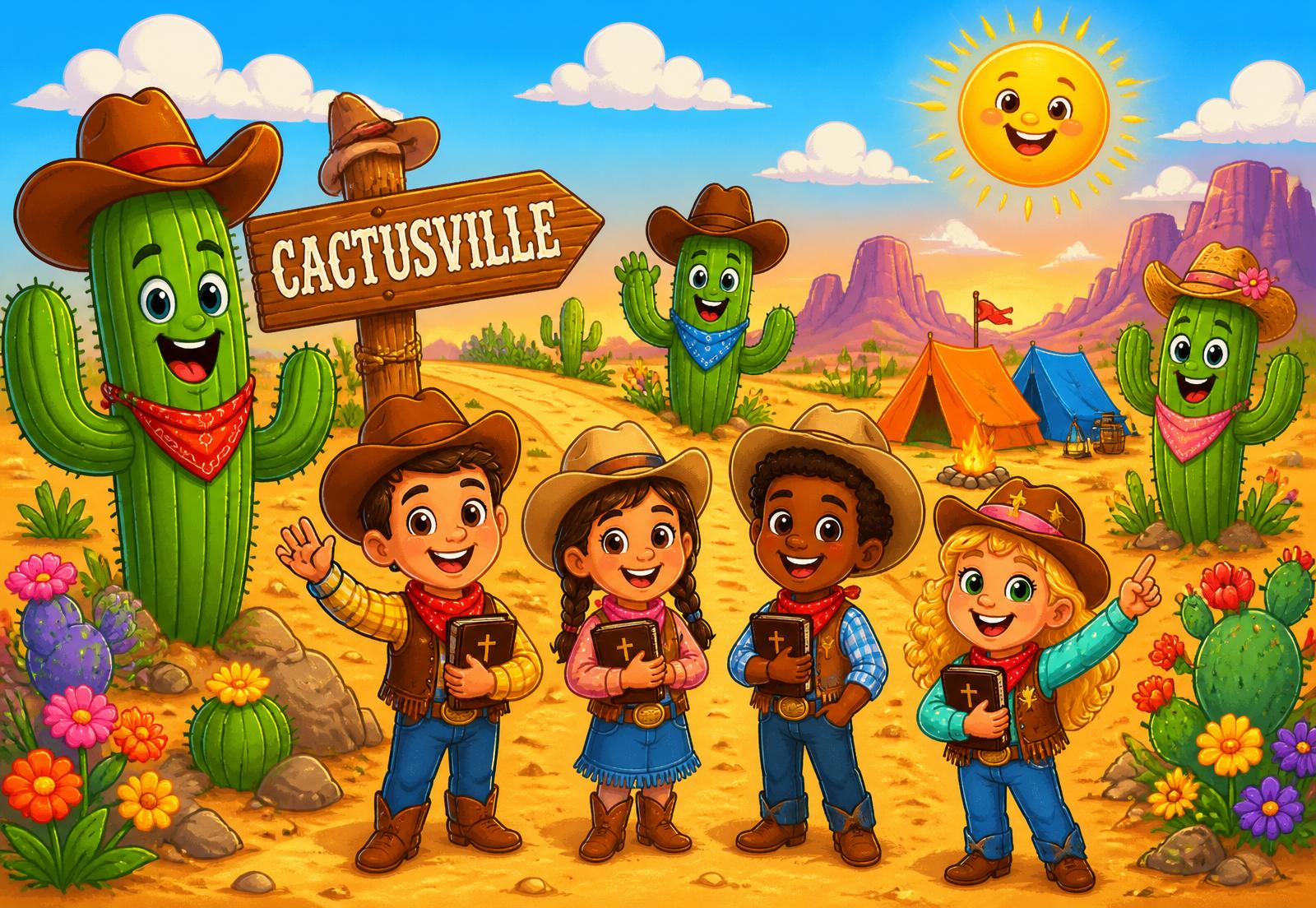 Cactusville — cartoon desert with happy kids holding Bibles